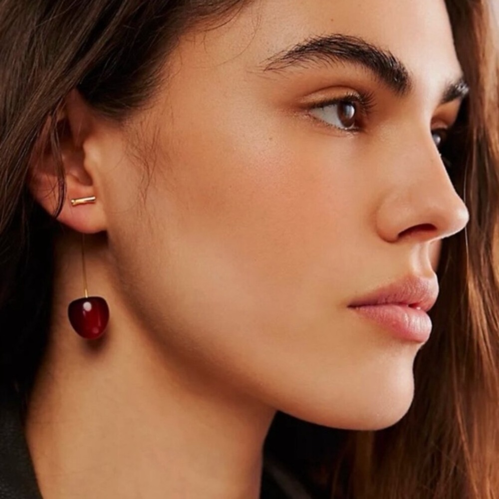 Anthropologie ๐ Dark Cherry Drop Wire Earrings Gold Stem 44.00 NEW - Picture 3 of 6